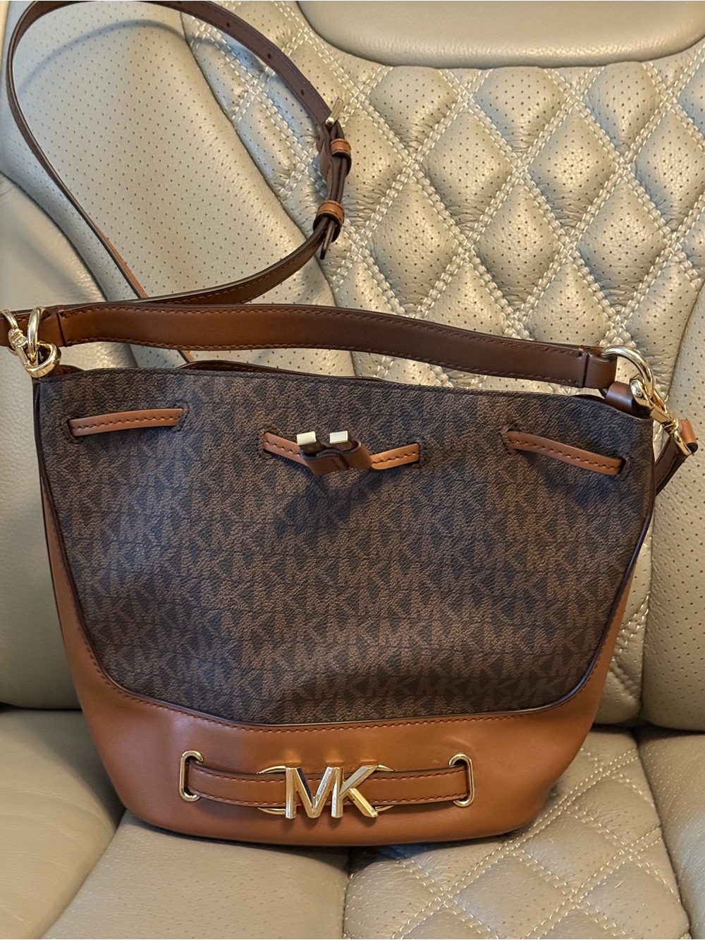 Michael Kors Brown Monogram and Tan Leather Shoulder Bag